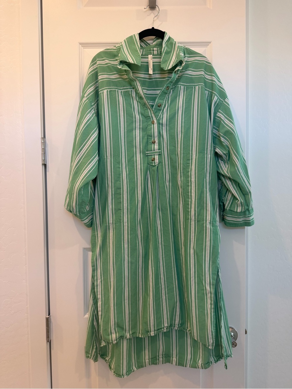 Anthropologie Green and White Striped Long Sleeve Tunic Dress